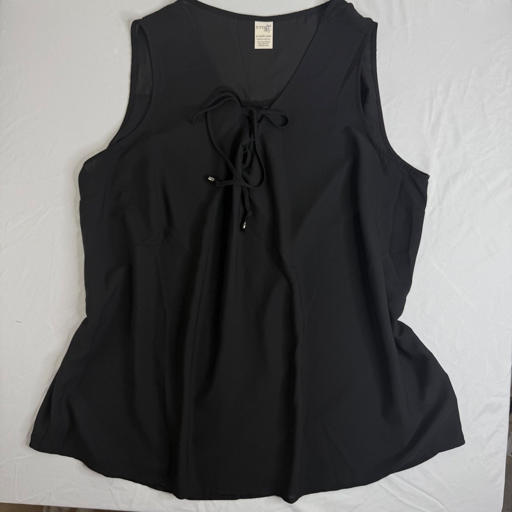 Terra & Sky Womens 2X Black Sleeveless Lace Up V-Neck Chiffon Blouse Top